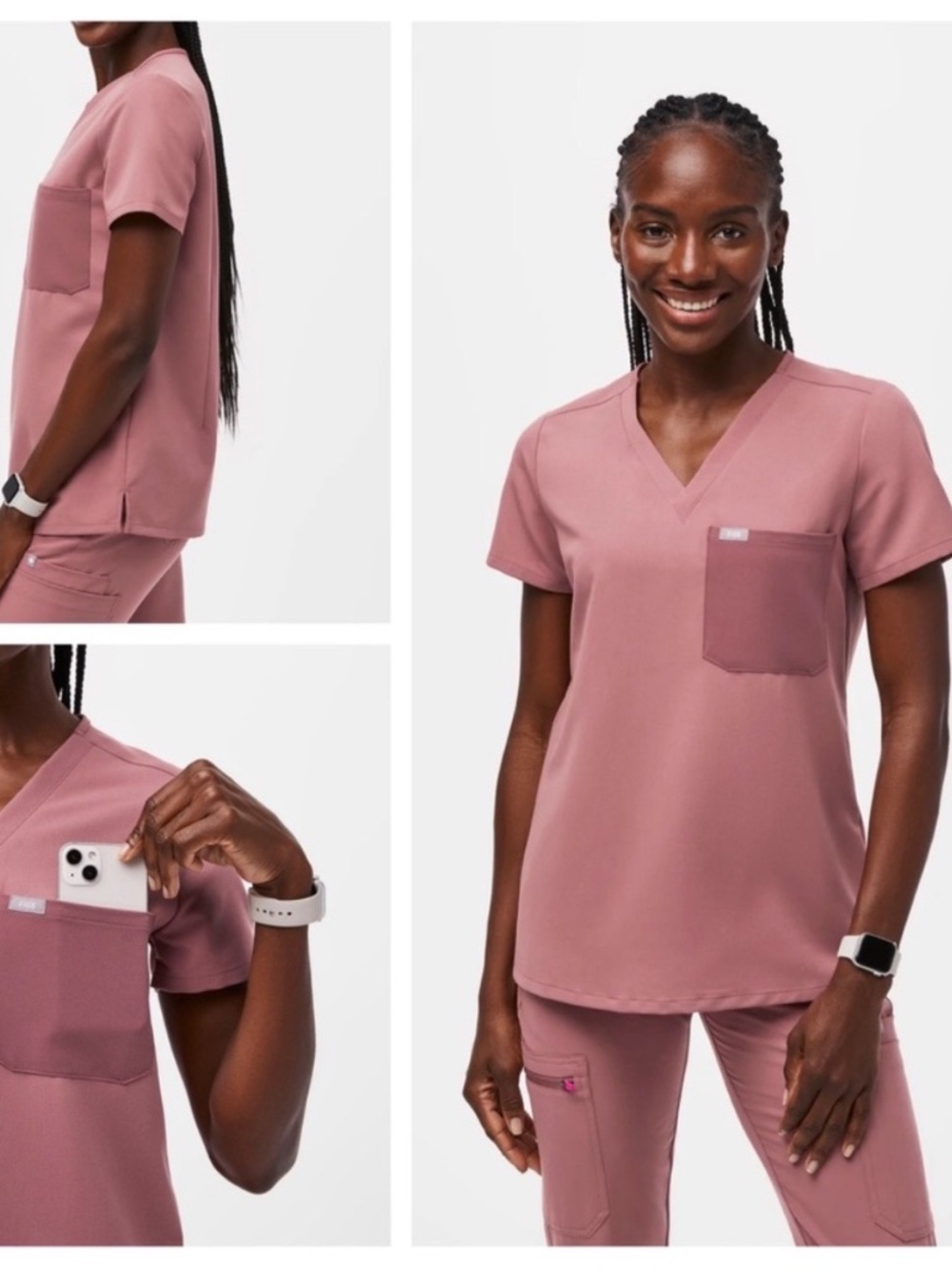 Figs Catarina Contrast One Pocket Scrub Top Dusty Rose Mauve